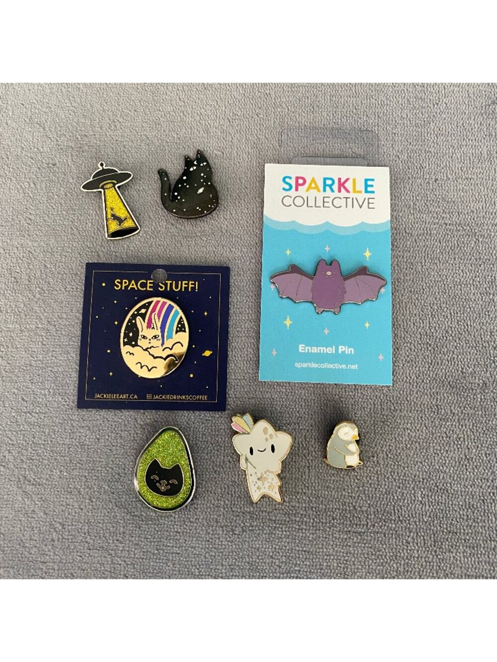 Cute Kawaii Enamel Pin Lot 7pc - Sparkle Collective Bat, Space Stuff Bunny, Cats